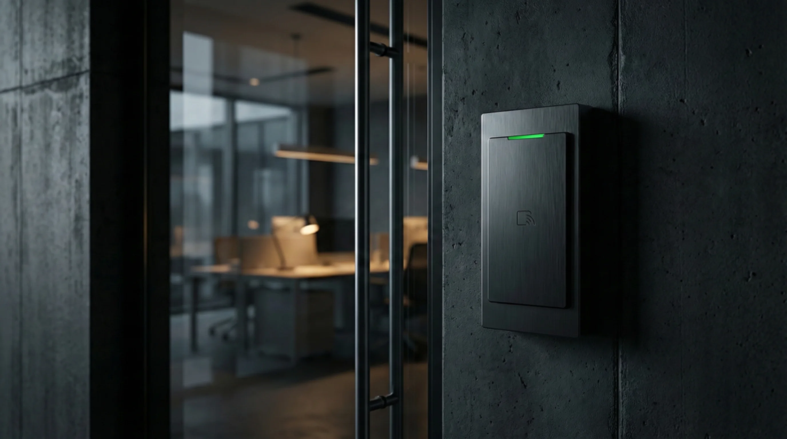 Modern RFID access control panel on concrete wall with glass door - IMS Security Solutions
